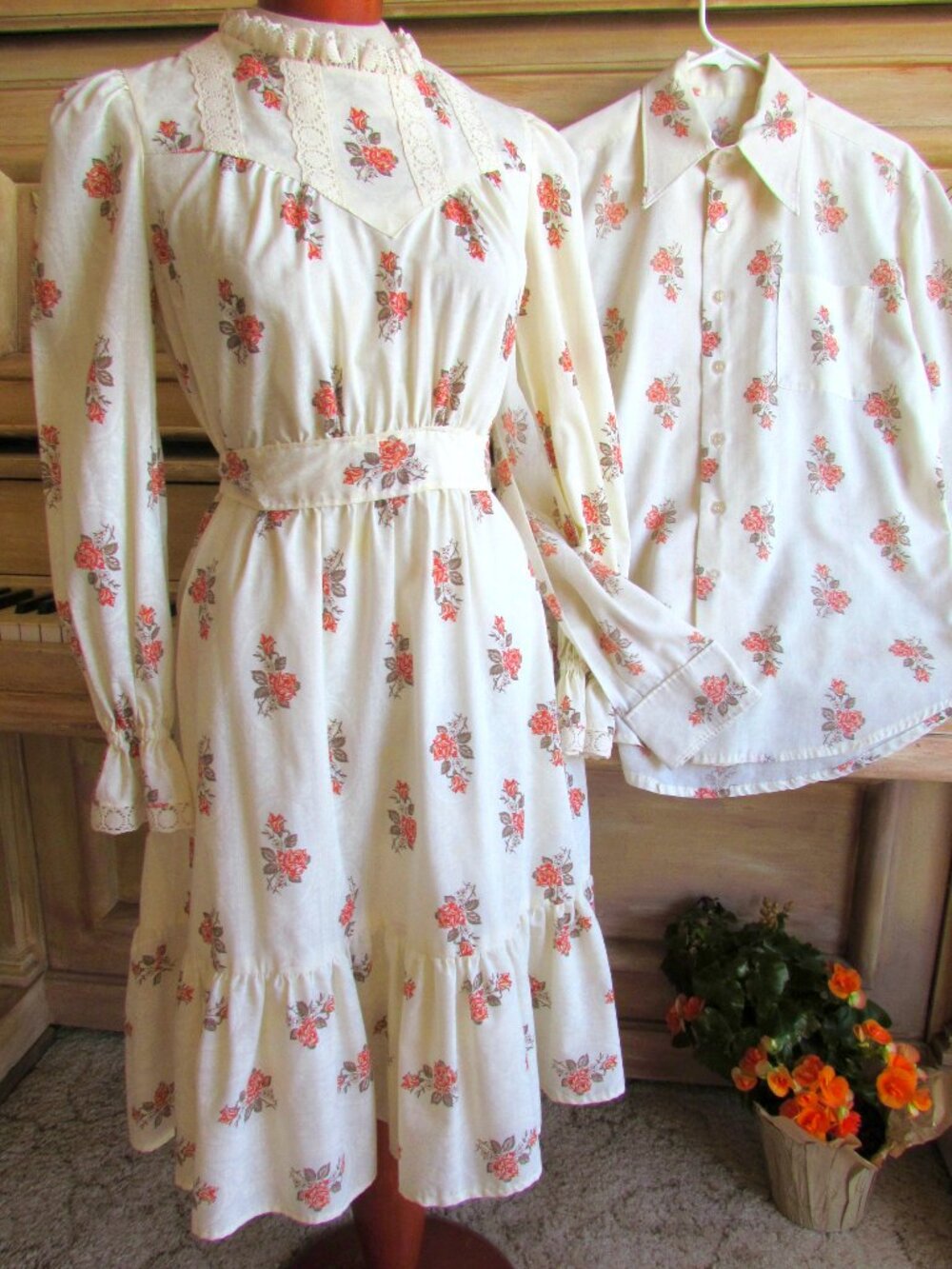 1970s DRESS + MEN'S SHIRT to MATCH - COUPLE'S COTTON LOOK-ALIKES, WOMEN'S  S - M